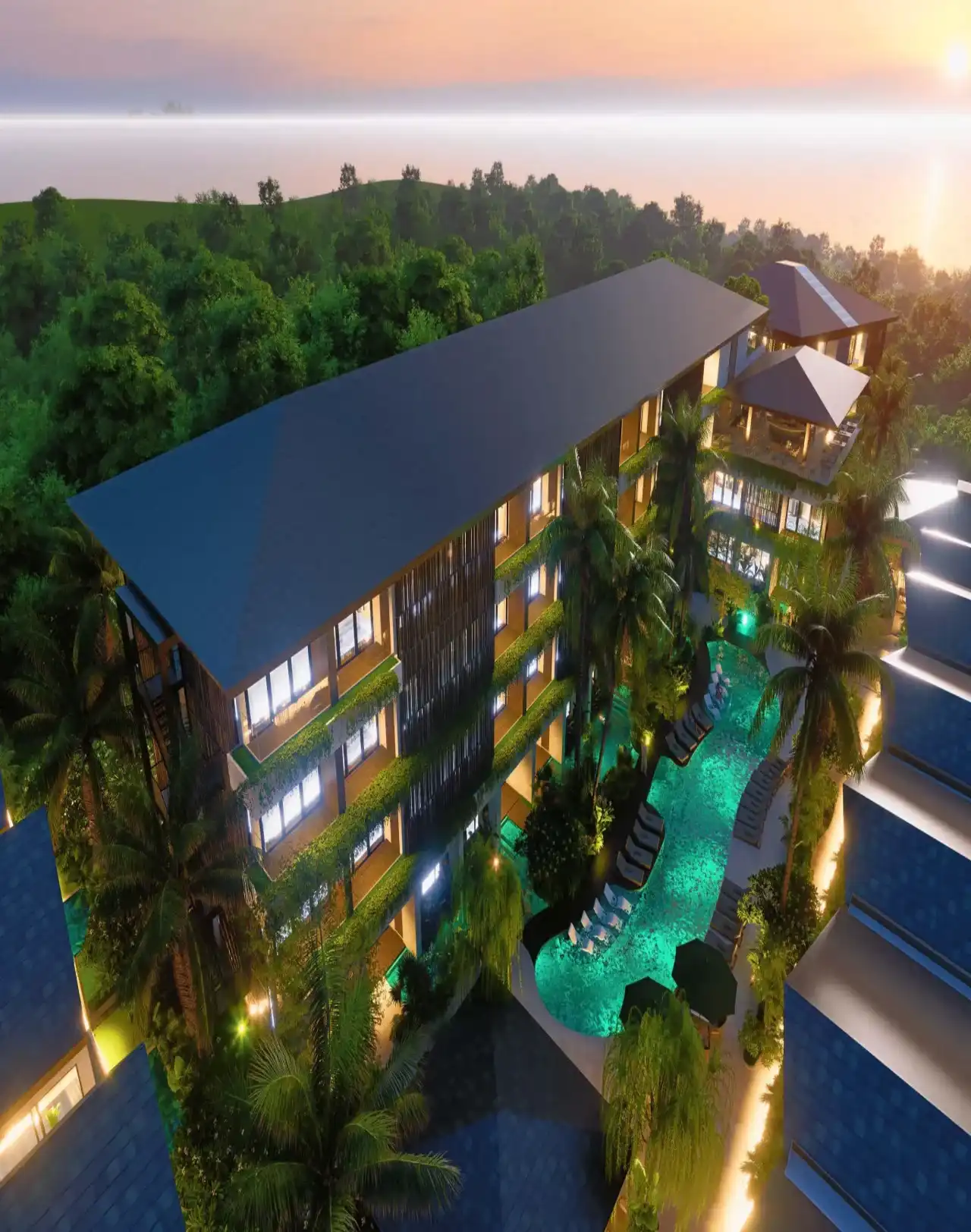Dusk view of the resort pool from above