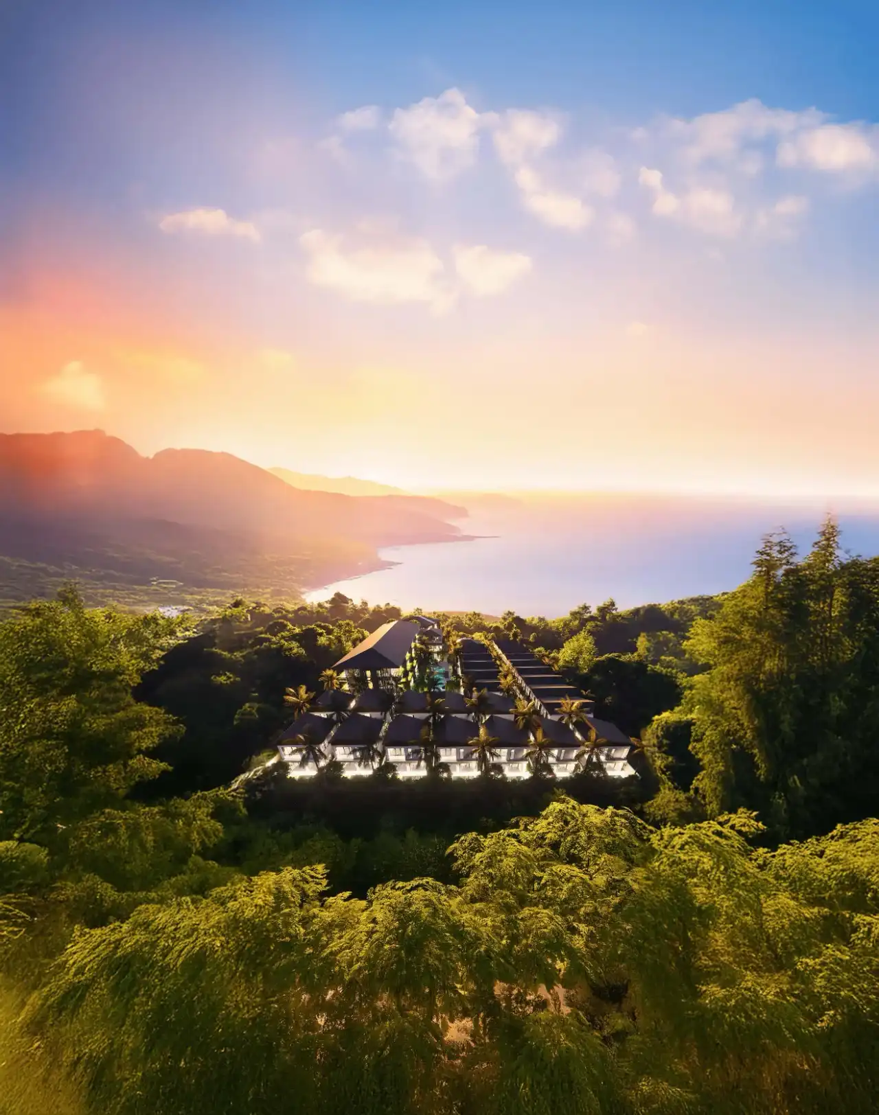 Aerial sunset panorama over The One, Nusa Dua