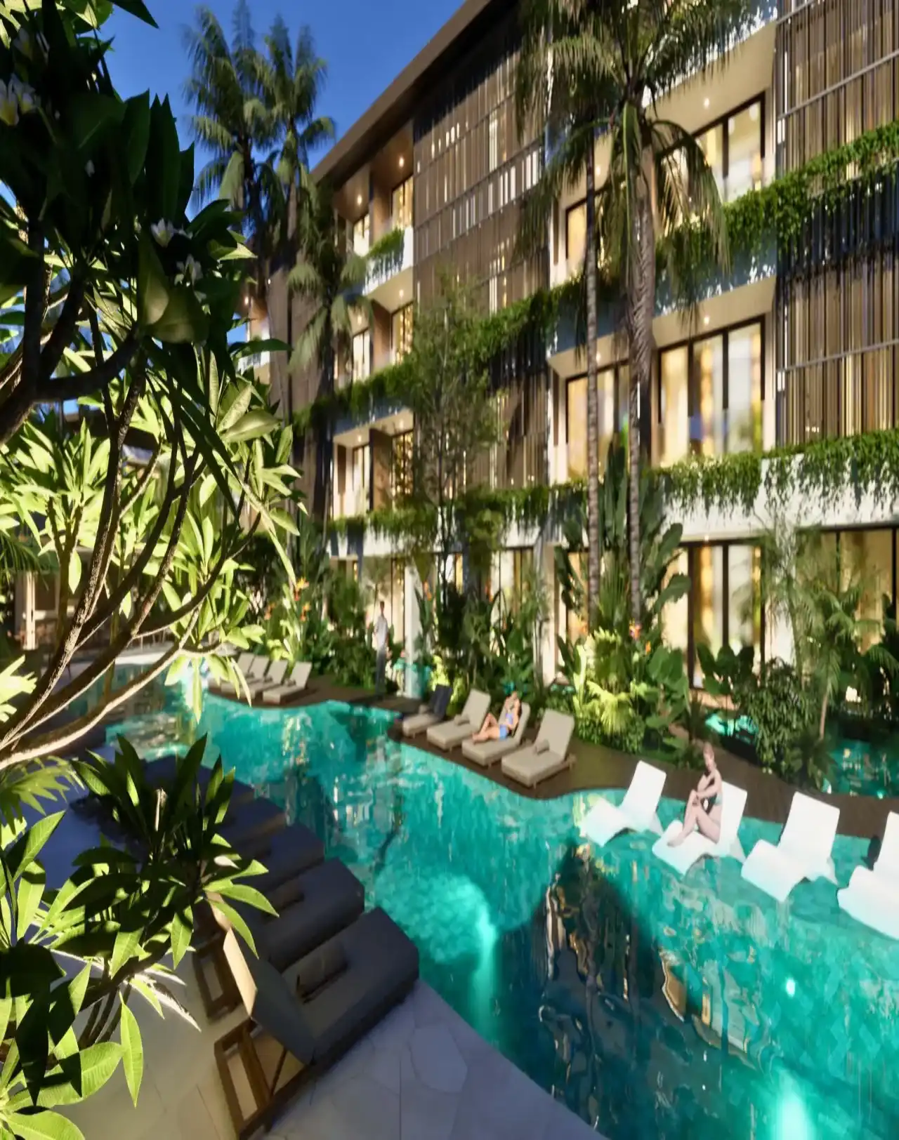 Main resort pool with sunbeds and cabanas