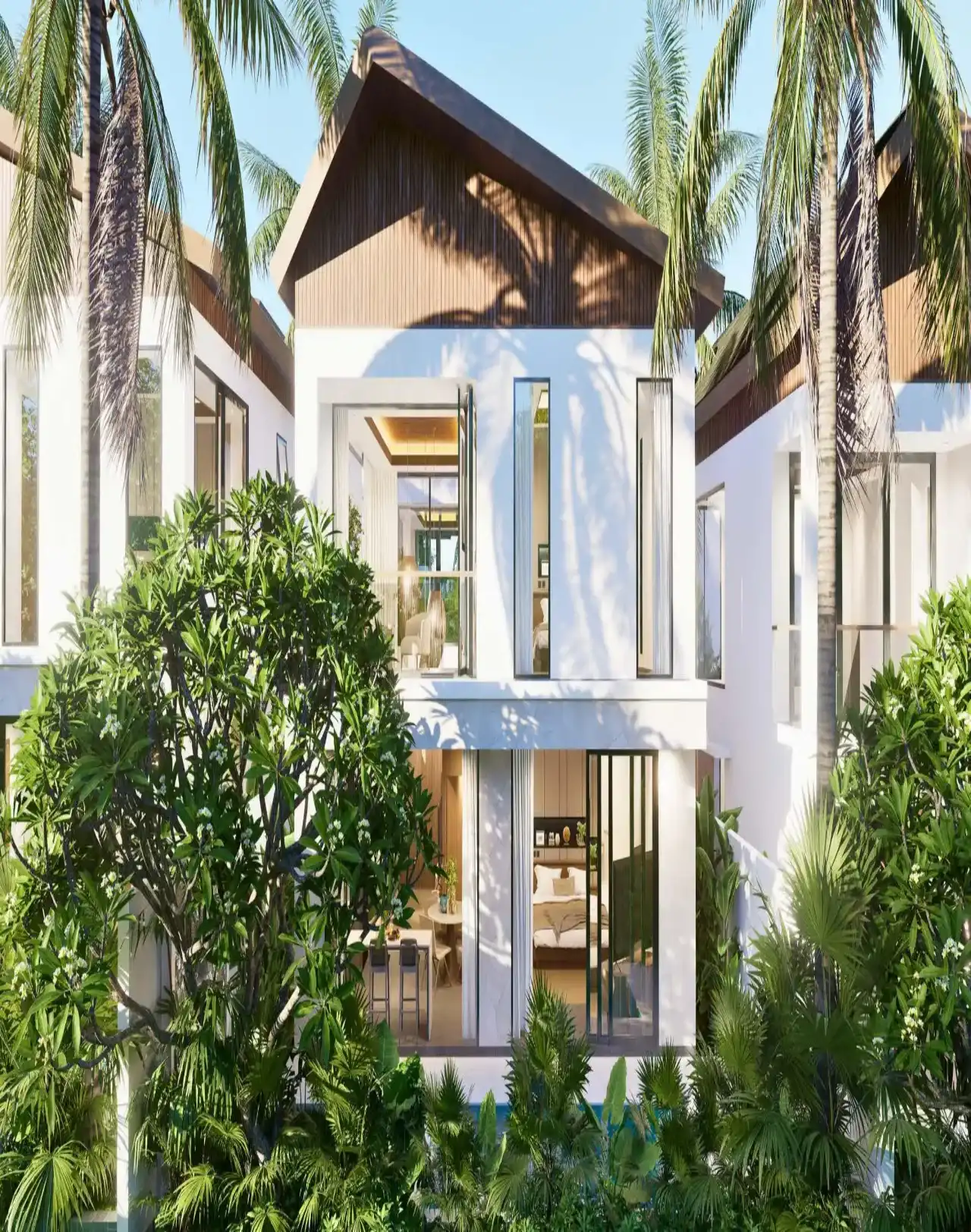Villa exterior facade with tropical landscaping